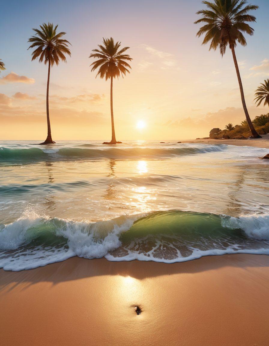 An expansive view of a serene desert shoreline blending seamlessly into open waters, with gentle waves lapping at the sand. Illustrate diverse marine life and palm trees to symbolize coverage types. Add icons representing insurance elements like lifebuoys, shields, and documents floating in the sky. Use warm sunset colors merging with cool ocean hues. super-realistic. vibrant colors. 3D.