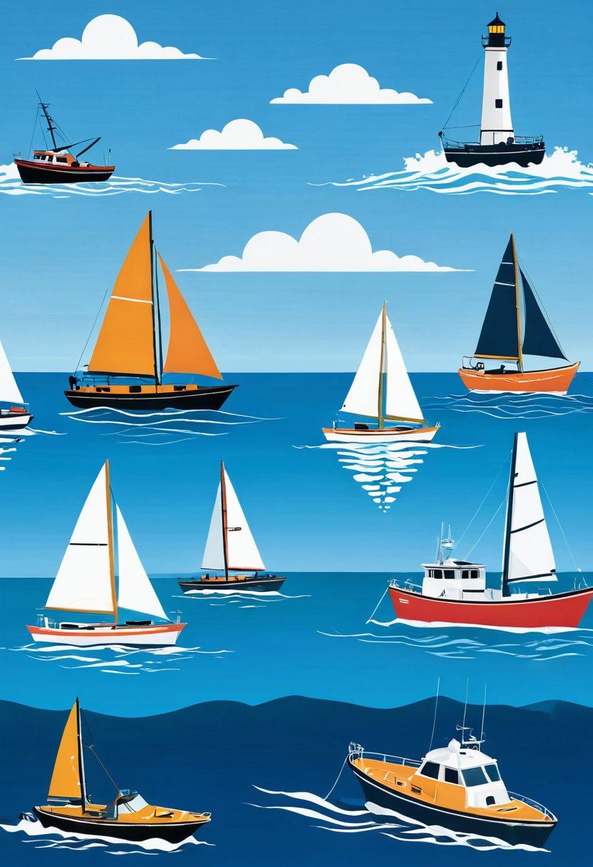 A serene maritime scene featuring various watercrafts like sailboats, jet skis, and fishing boats, all under a clear blue sky. Include a protective shield icon subtly overlaying the watercrafts, symbolizing liability insurance, with waves gently lapping at their hulls. Add a lighthouse in the distance to represent guidance in navigation. The colors should be vibrant and inviting, evoking a sense of adventure and safety. super-realistic. vibrant colors. white background.