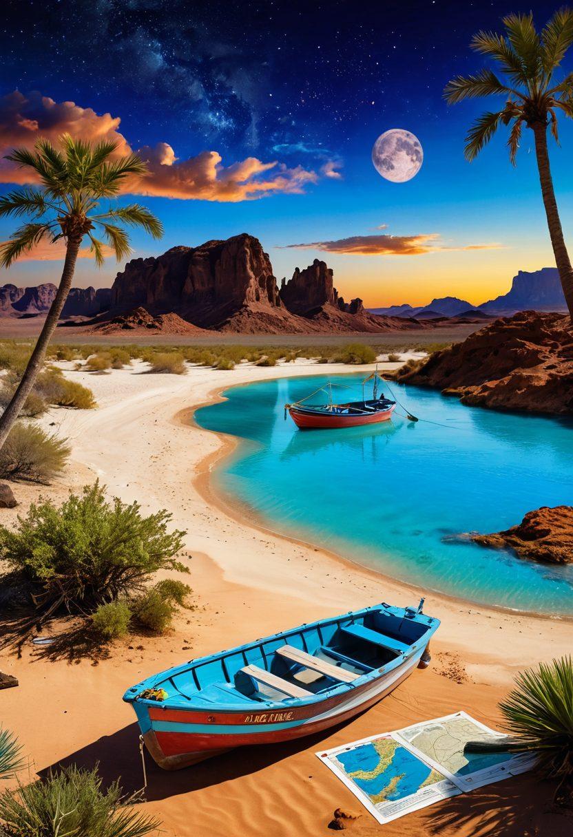 A rugged desert landscape with an oasis featuring a vibrant blue lagoon, where an adventurous boat is docked. In the foreground, a vintage treasure map is partially unfurled, highlighting both land and water routes. Various marine insurance symbols, like life preservers and shields, are creatively integrated into the scene. The sky transitions from a bright sunset to a starry night, signifying the journey. super-realistic. vibrant colors. adventurous theme.